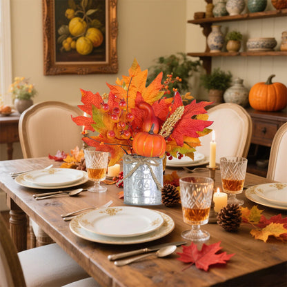 2 Pack 12 Inch Thanksgiving Decorations Fall Centerpieces for Tables Thanksgiving Table Decor Fall Arrangements Maples Leave Pumpkin Berried Wheat Realistic Moss in Metal Pots for Home Kitchen Table