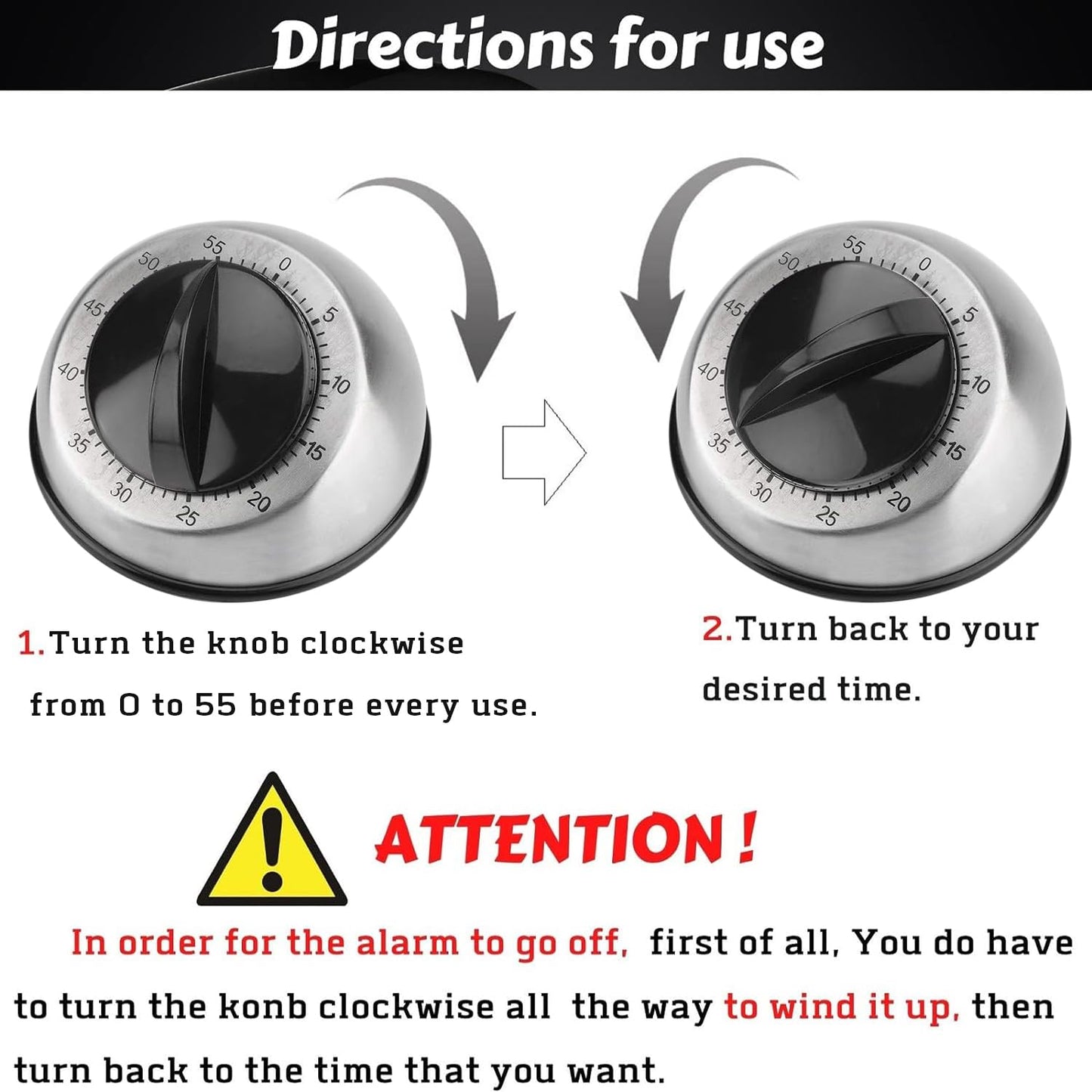 Kitchen Timer for Cooking, Chef Cooking Magnetic Timer - No Batteries Required - Loud Alarm, Mechanical Desk Manual Timers - Magnetic Clock Backing, Countdown Reminder - Stainless Steel Body