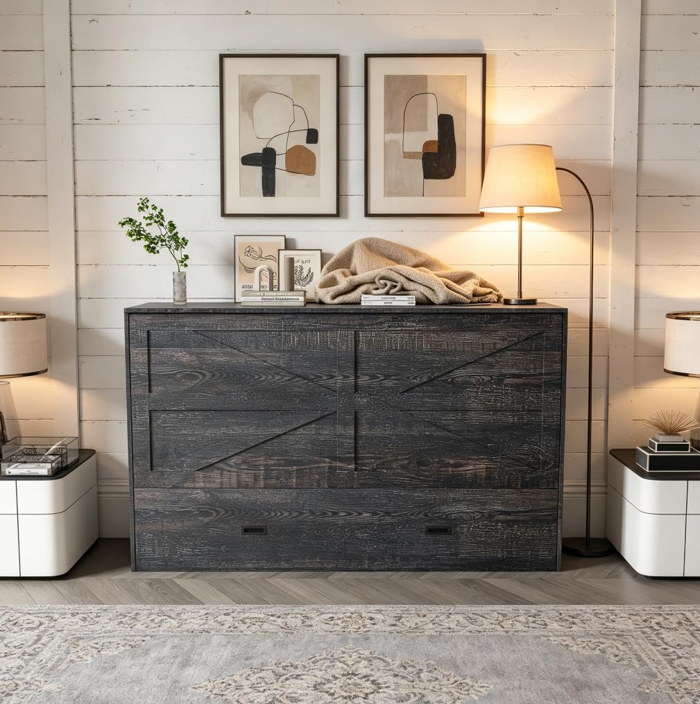 Bellemave Full Murphy Bed with Mattresses and Charging Stations and Storage Drawer, Farmhouse Murphy Cabinet Bed with Foldable Panel, Noisy Free, for Guest Bedroom, Living Room, Carbon Black