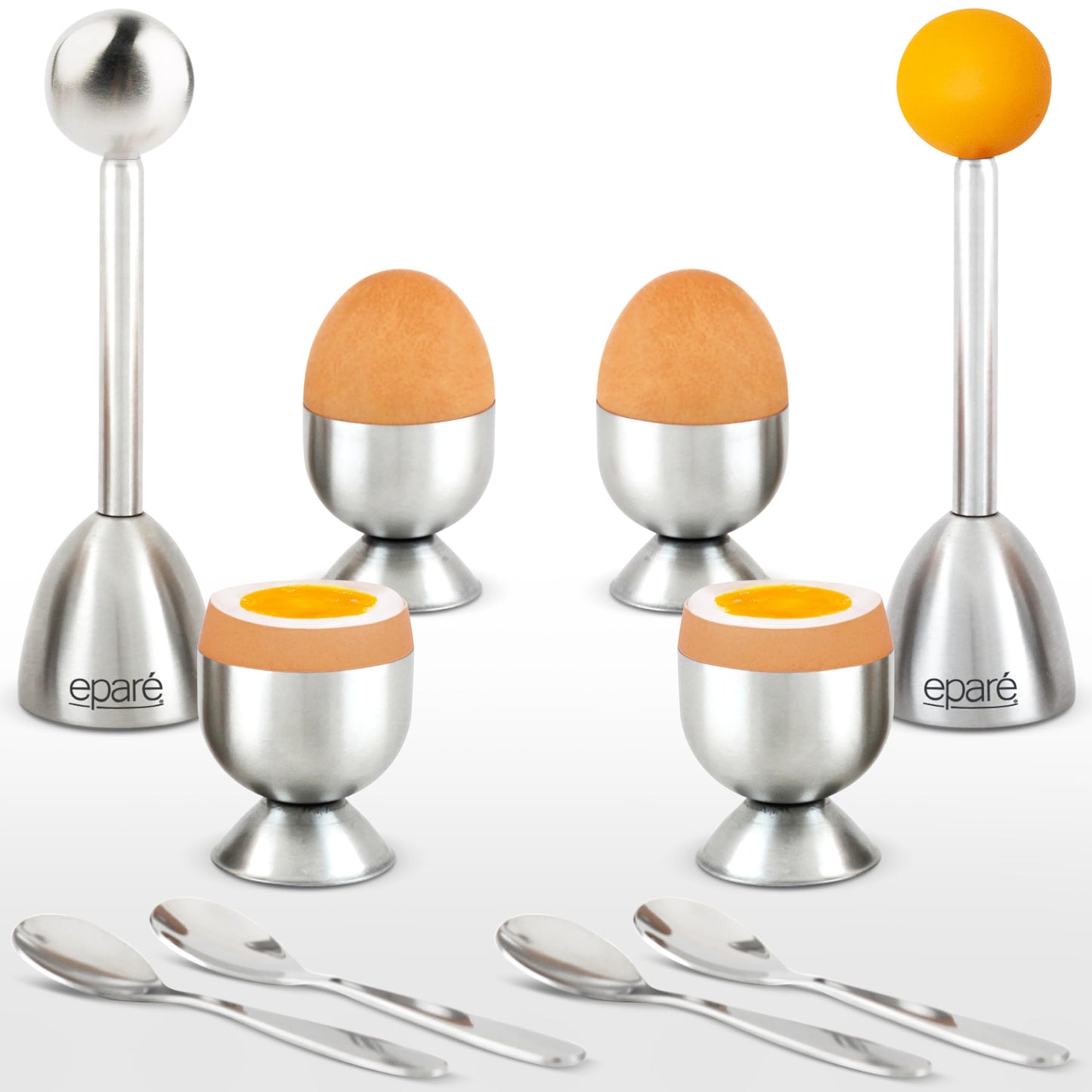 Epare Egg Cracker Topper Set & Steel Egg Cracker Topper Set - Complete Soft Boiled Egg Tool Set - Includes Egg Cups Cutter & Spoons - Holder Cup Spoon & Peeler - Easy Eggs Opener