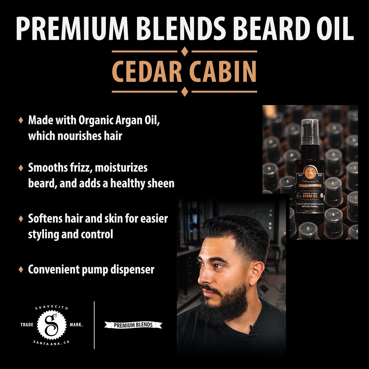 Suavecito Premium Blends Beard Oil - Leave-In Beard Conditioner For Softening Hair, Hydrating Skin, Eliminating Beard Dandruff, Healthy Beard Growth - 1 oz