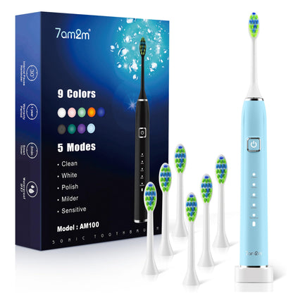 7AM2M Sonic Electric Toothbrush with 6 Brush Heads for Adults&Kids, One Charge for 120 Days, Wireless Fast Charge, 5 Modes, 40000VPM Powered Toothbrush, 2 Minutes Built in Smart Timer (Black)