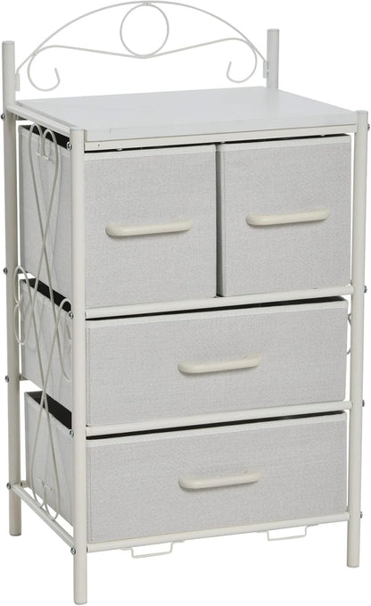 Household Essentials Victoria Dresser Nightstand, Storage Organizer with 4 White Drawers and Metal Frame