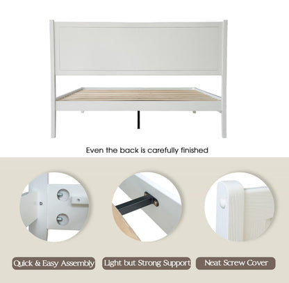 Queen Size Solid Wood Platform Bed Frame with Headboard and Footboard, Noise-Free & Anti-Slip Design, Center Metal Legs, 12 Heavy-Duty Slats, No Box Spring Needed, Pure White Finish, OLQ-39