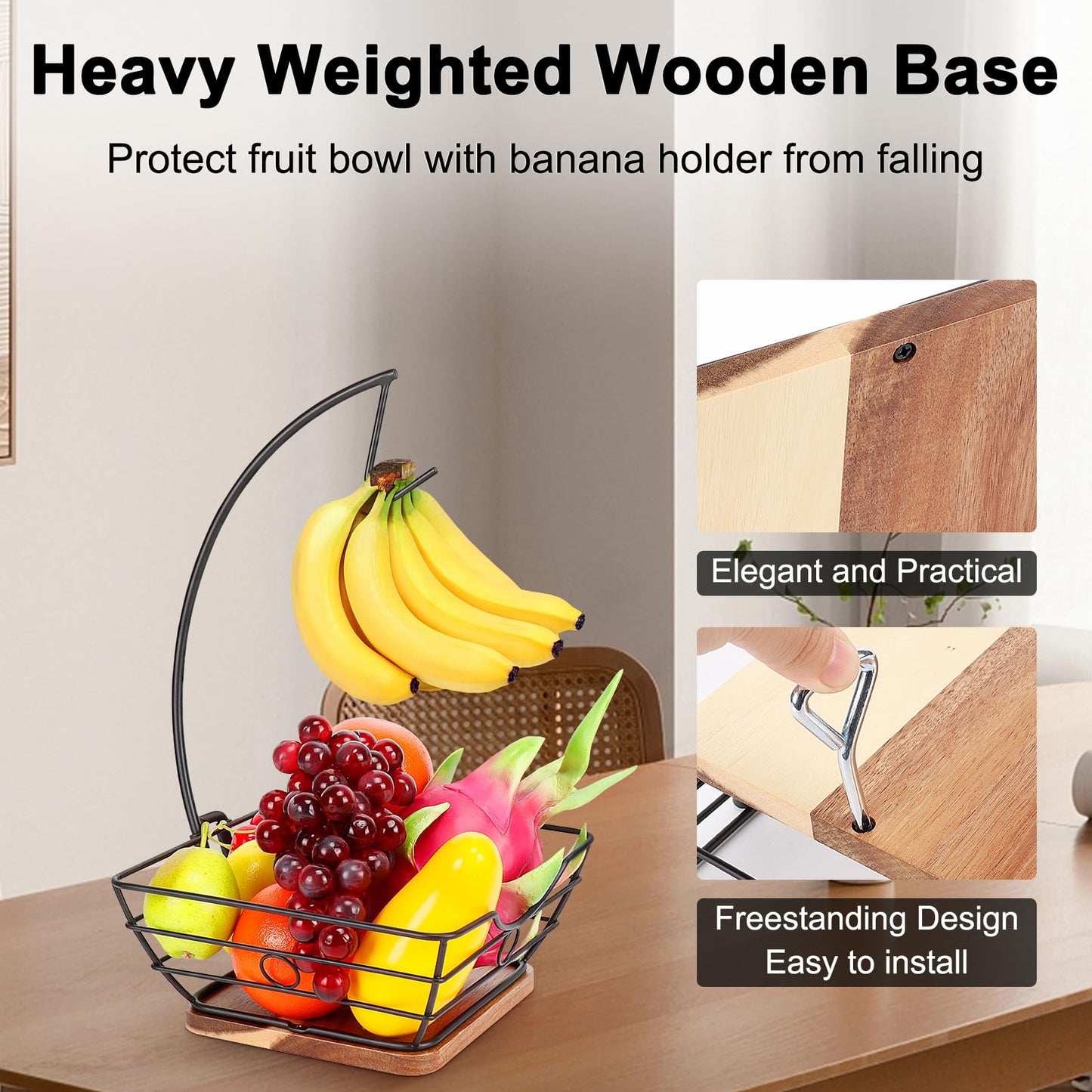 Livabber Countertop Fruit Basket Bowl with Banana Hanger, Modern Standing Fruit Vegetable Bowl Storage, with Banana Tree Holder for Kitchen Dinning Table (Square Wood, Black)