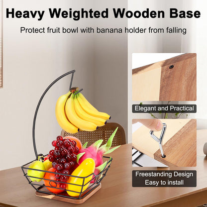 Livabber Countertop Fruit Basket Bowl with Banana Hanger, Modern Standing Fruit Vegetable Bowl Storage, with Banana Tree Holder for Kitchen Dinning Table (Square Wood, Black)