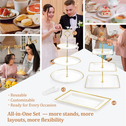 Lzerking 13pcs Dessert Table Display Set, 6 3-Tiered Cupcake Stands (3round & 3square) with 4 Trays & 3 Tongs, White Gold Plastic for Wedding, Tea Party, Baby Shower Decor, Birthday Party Decoration