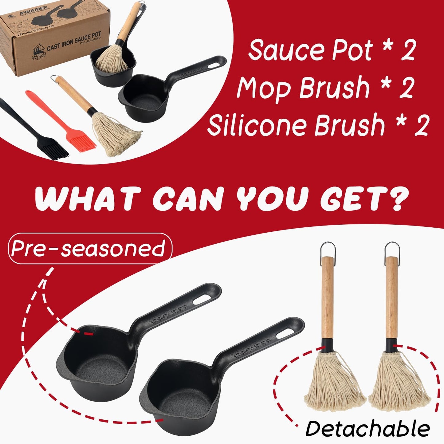 IPROUDER Cast Iron Sauce Pan and Basting Pot with BBQ Mop Brushes - Cast Iron Small Sauce Pots 2 Pcs for Grilling, Melting, Camping Cooking & Stoves - Mini Pot for Butter Melter