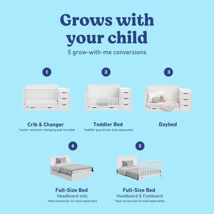 Graco Hadley 5-in-1 Convertible Crib & Changer – GREENGUARD Gold Certified, Fits Standard Crib Mattress, Converts to Toddler Bed and Full Bed, 4 Adjustable Mattress Heights (White)