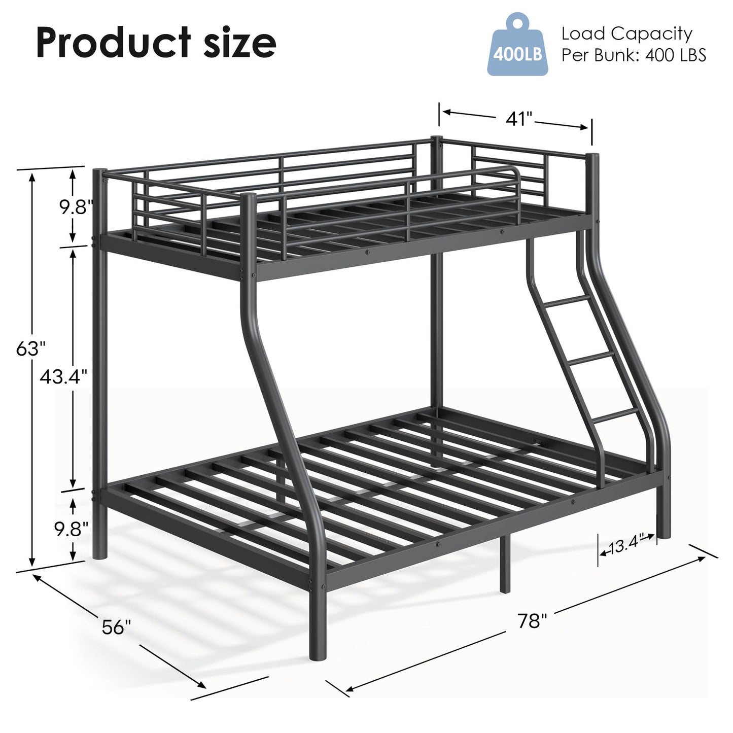 soges Twin Over Full Metal Bunk Bed Set with 6" Mattresses Included, All-in-One Bunk Bed for Adults, Heavy Duty Bunk Beds with Ladder & Guardrail, with Two Memory Foam Mattresses, Black