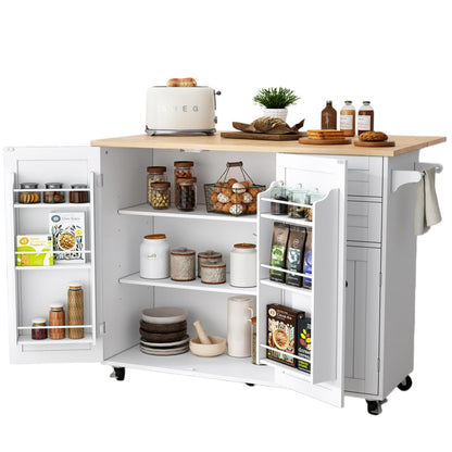 HLR Kitchen Island with Storage, White Rolling Kitchen Island on Wheels with Drop-Leaf Bar Countertop, Island Table for Kitchen with Side Open Spice Rack and Tower Rack, Extra Storage for Kitchen
