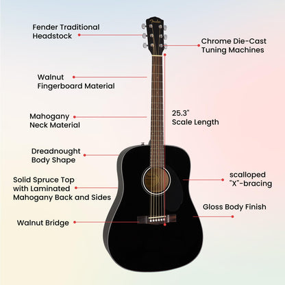 Fender Classic Design Dreadnought Acoustic Guitar - Black Bundle with Gig Bag, Tuner, Strap, Strings, String Winder, Picks, and Austin Bazaar Instructional DVD