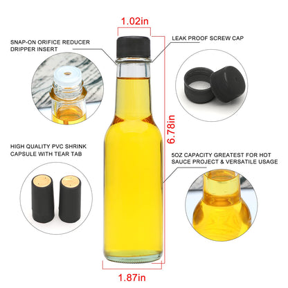 Brajttt 35pcs 5oz Glass Hot Sauce Bottles with Black Cap, Ideal for Hot Sauces, Oils, Vinegar, Wine & More, 147.8675ml Capacity, Dishwasher Safe