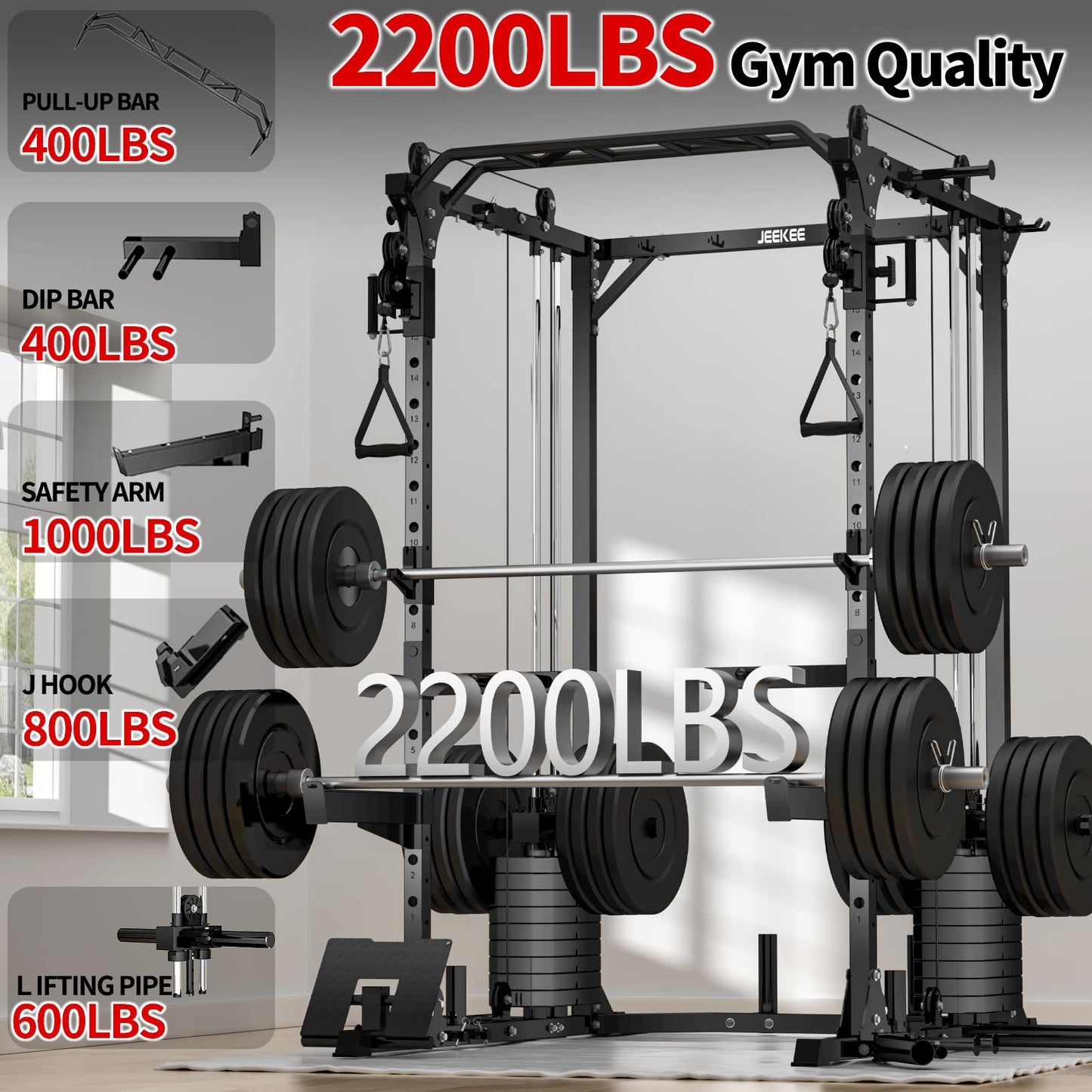 JEEKEE Power Cage with Cable Crossover System, 2200LB Heavy Duty Power Rack with Dual Pulley, 180LB Weight Stack, LAT Pulldown, 20+ Attachments for Home Gym,Black