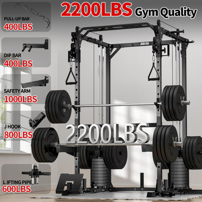 JEEKEE Power Cage with Cable Crossover System, 2200LB Heavy Duty Power Rack with Dual Pulley, 180LB Weight Stack, LAT Pulldown, 20+ Attachments for Home Gym,Black
