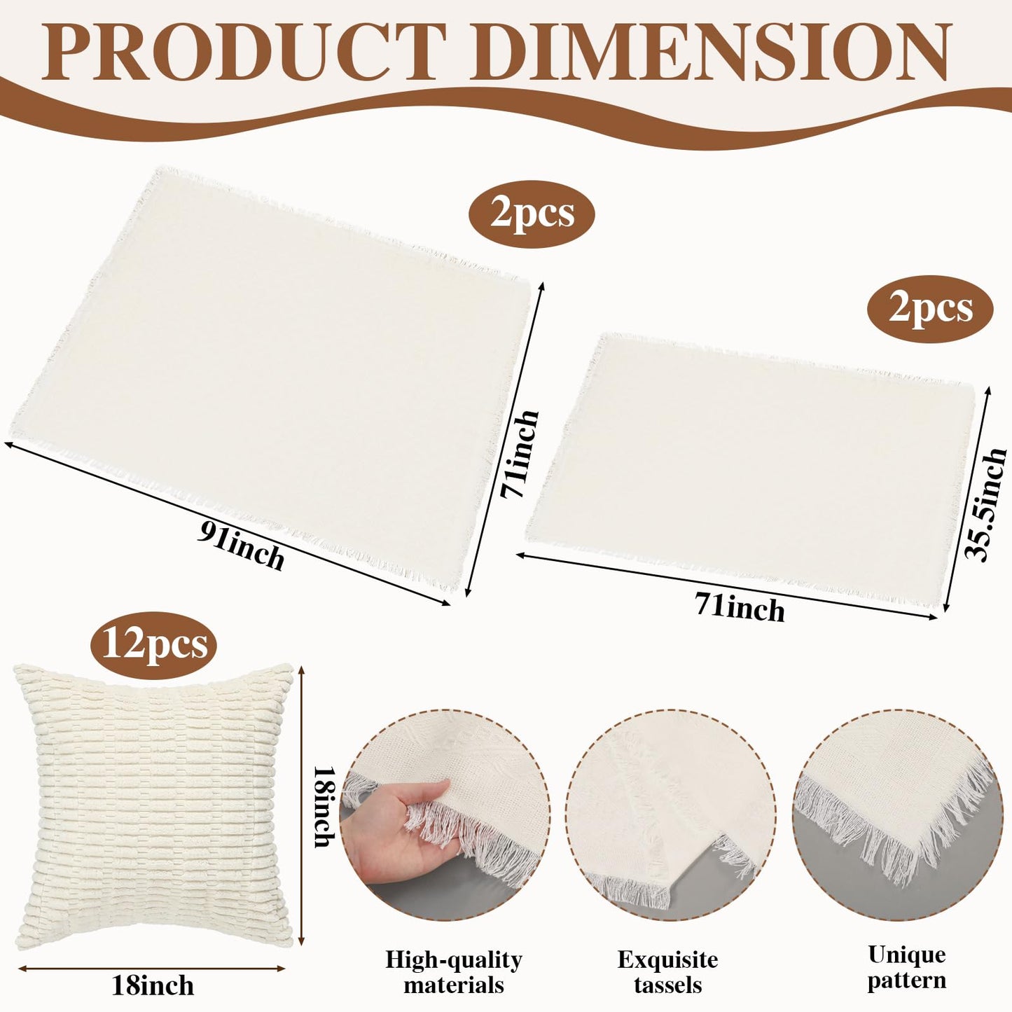 Novabright 20 Pcs Boho Picnic Kit Folding Picnic Table 59'' x 20.5'' Extra Large Outdoor Boho Blanket 91'' x 71'' Beige White Table Runner 12 Pillow Cover Woven Cotton Oversize Washable for Wedding