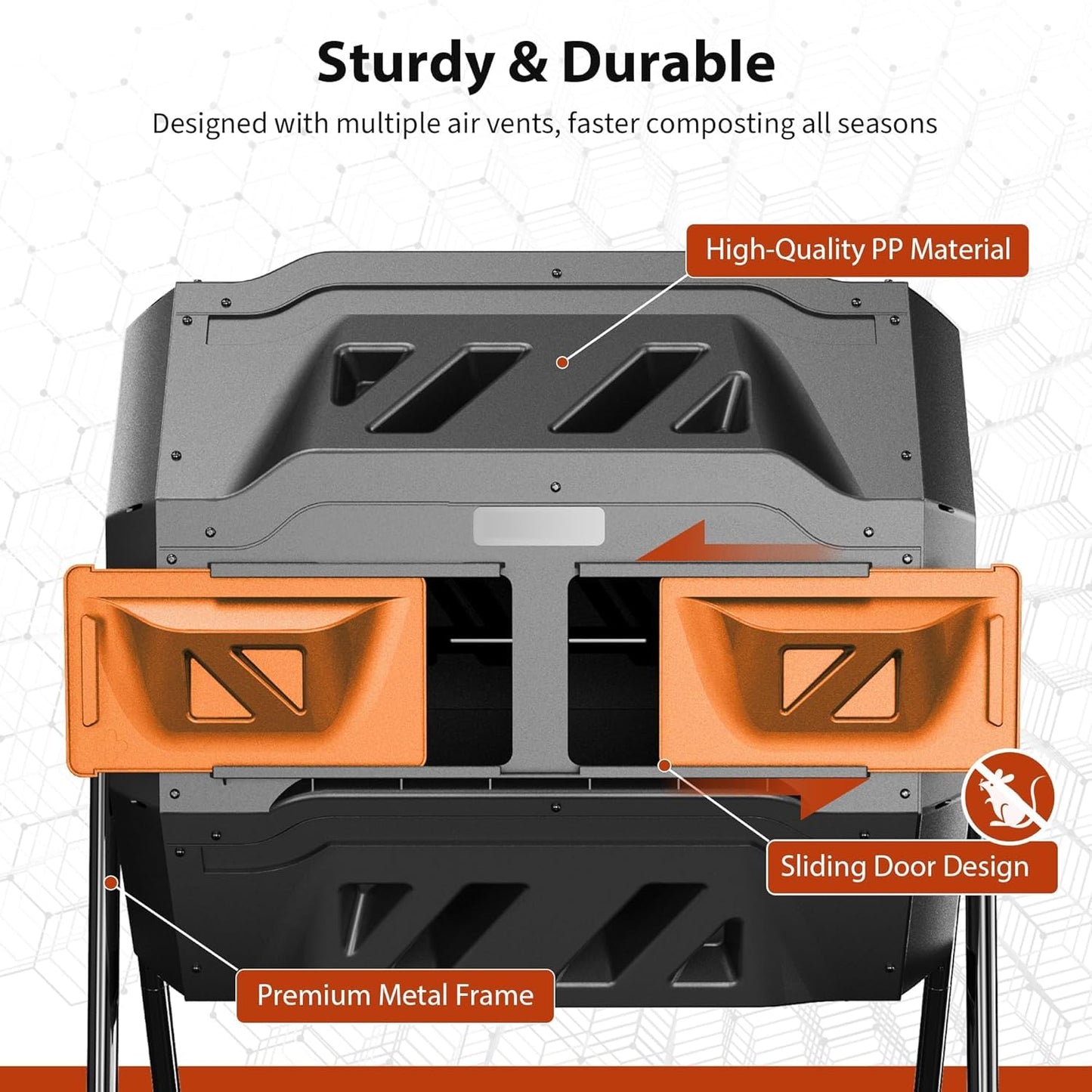 43-Gal Dual Chamber Compost Tumbler Outdoor, 360° Rotating Compost Bin with Steel Frame, Aeration System & 2 Sliding Doors for Kitchen, Garden, Yard - Black Orange