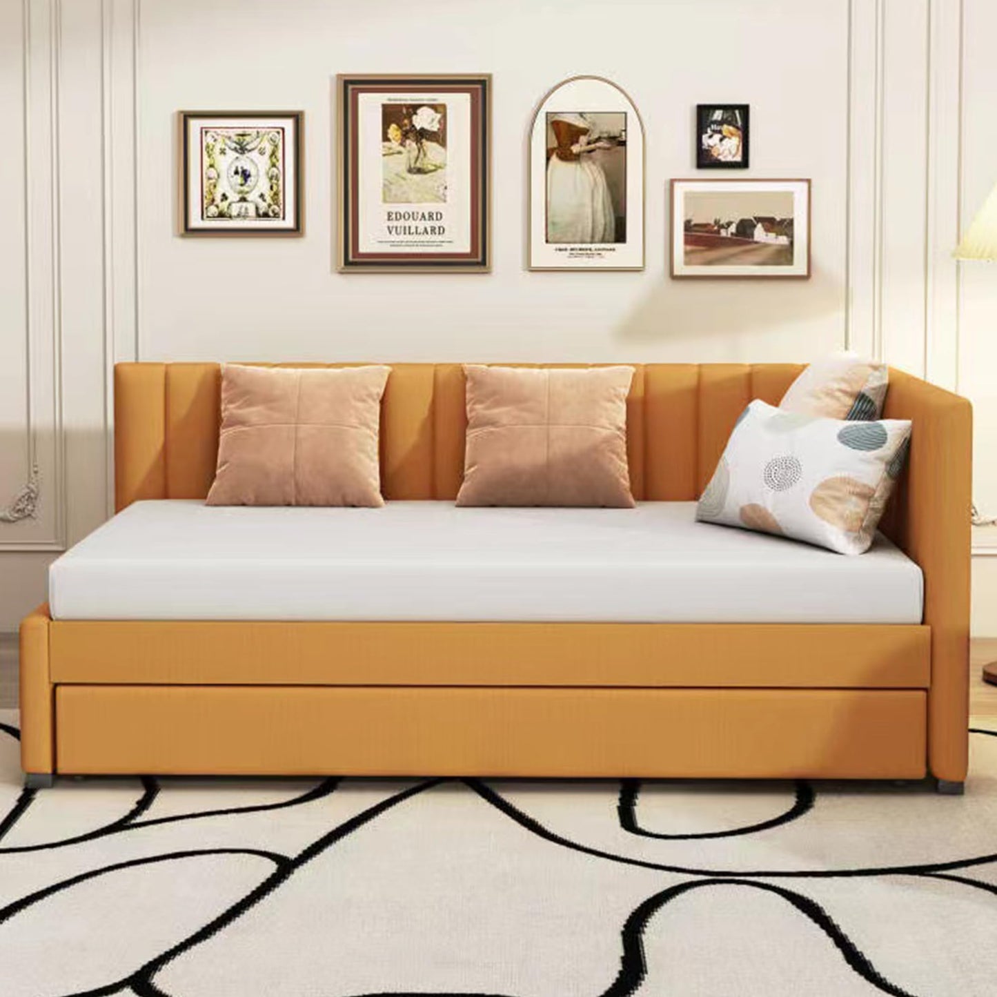 YOPTO Twin Size Upholstered Daybed with Trundles,Bedroom Wood Sofa Bed Frame w/Linen Fabric Backrest,Semi-Closed Design,No Box Spring Needed,for Kids Teens Boys Girls,Yellow