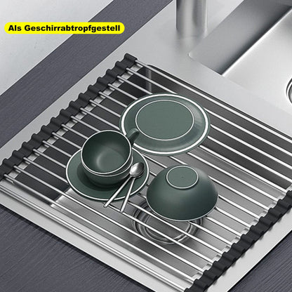 ViWaVee Dish Drainer Tableware, Foldable and Removable Dish Drainer Over The Sink, Drying Mat, Draining Rack Sink for Cups, Fruit, Vegetables, Super Kitchen Organiser (Black (43 x 35))