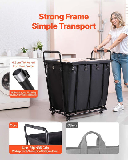 VEVOR Laundry Cart, Rolling Grocery Utility Cart with Waterproof Liner & Swivel Wheels, 260 LBS Large Load Capacity, Heavy Duty Shopping Basket for Laundry, Shopping, Camping, Grocery, Luggage, Black