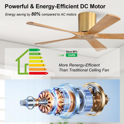 ELEHINSER 52 inch Low Profile Ceiling Fan without Light, 5 Solid Wood Blades, 6-Speeds, Quiet DC Motor, Timer, Flush Mount Modern Ceiling Fan with Remote for Living Room Bedroom, Gold + Beechwood