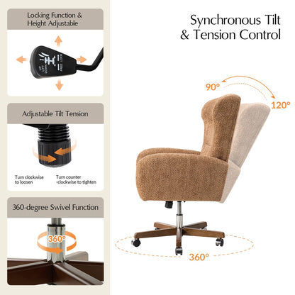 HULALA HOME Executive Office Chair, Ergonomic Wingback Office Chair with Curved Armrests, Soft Chenille Upholstery, Adjustable Height, 360° Swivel & Tilt, Thick Foam Padding, Caramel