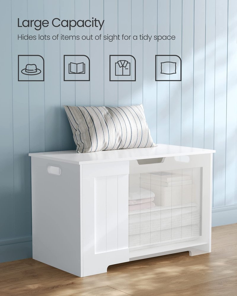 VASAGLE Storage Chest, 29.9 Inches Width Storage Bench, Entryway Bench with 2 Safety Hinges, Shoe Bench, Farmhouse Style, for Entryway, Bedroom, Living Room, Cloud White ULHS11WT