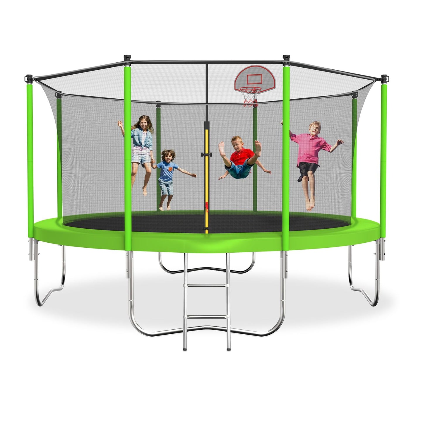 Tatub 12FT Trampoline for Kids and Adults, Outdoor Recreational Trampolines with Basketball Hoop & Enclosure Net, Green