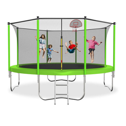 Tatub 12FT Trampoline for Kids and Adults, Outdoor Recreational Trampolines with Basketball Hoop & Enclosure Net, Green