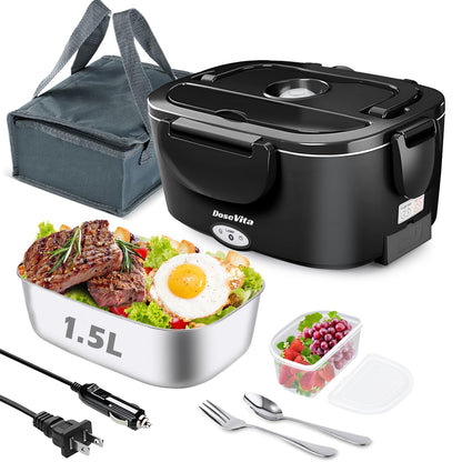 Dosevita Electric Lunch Box for Adults, 80W Heated Lunch Box 1.5L 304 Stainless Steel Portable Food Warmer,12/24/110V Lonchera Eléctrica Portátil for Car, Truck, Work, Travel