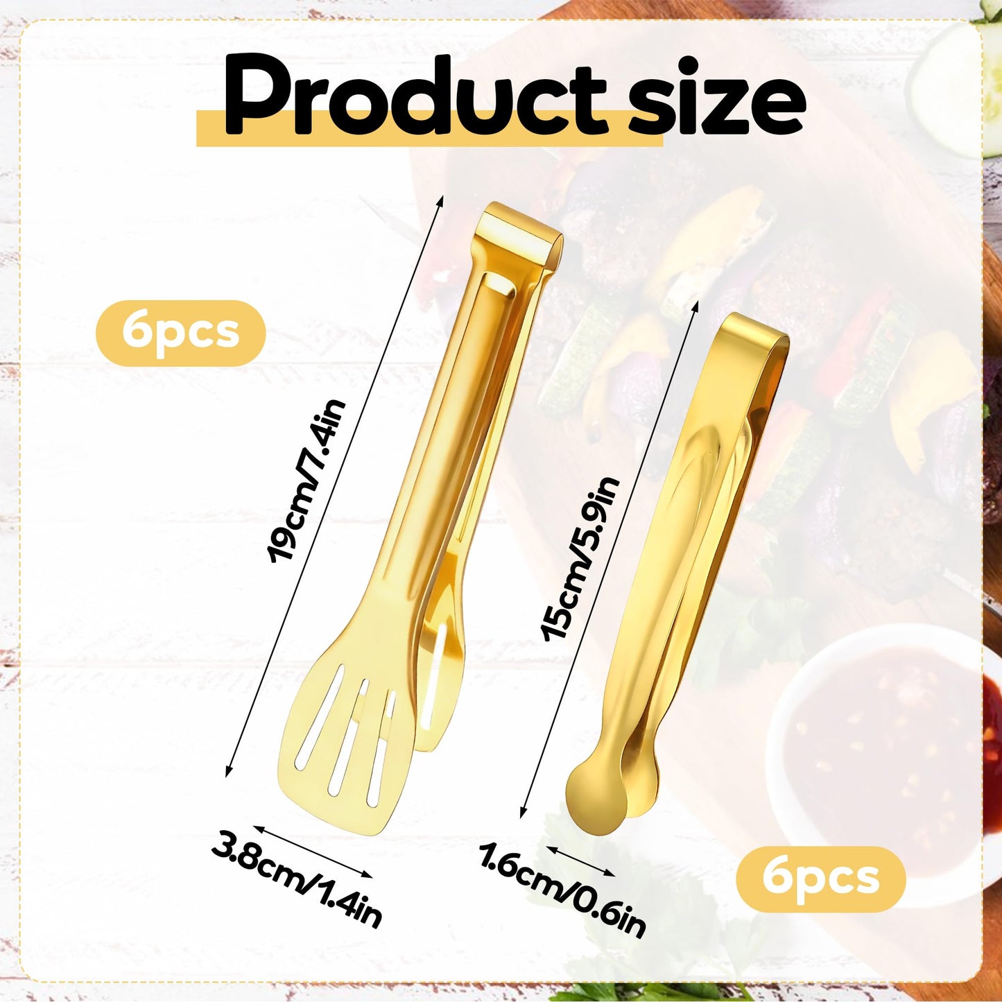12Pcs Mini Tongs Stainless Steel Food Tong 6" 7" Gold tongs for Serving Food Small Buffet Tong for Appetizers, Tea Party, Coffee Bar, Charcuterie Board, Salad, Kitchen Cooking Tools