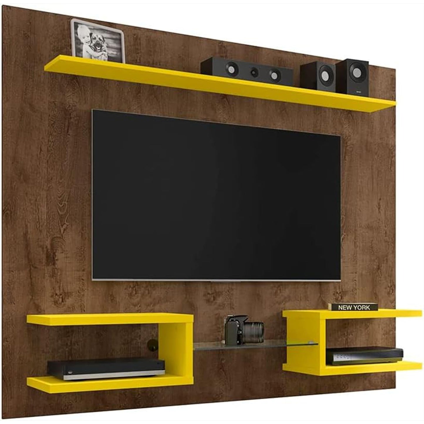 Manhattan Comfort Plaza Floating Entertainment Center for Living Room, Wall Mounted TV Stand with Display Shelves, Wire Management & Mounting Hardware, Fits up to 50" Screens, Rustic Brown/Yellow