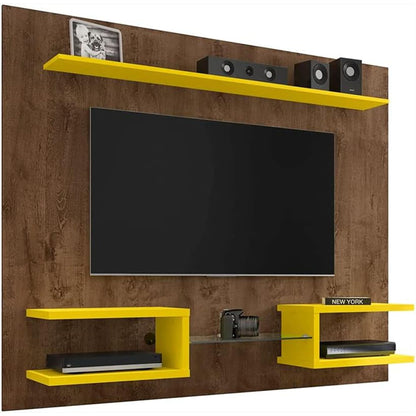 Manhattan Comfort Plaza Floating Entertainment Center for Living Room, Wall Mounted TV Stand with Display Shelves, Wire Management & Mounting Hardware, Fits up to 50" Screens, Rustic Brown/Yellow