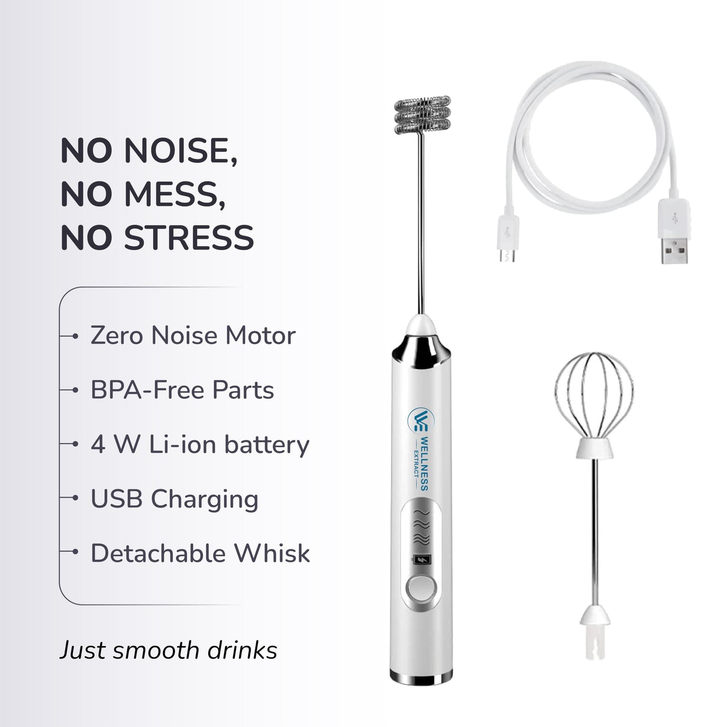 Wellness Extract Multi-Speed Rechargeable Electric Milk Frother, Li-ion Battery Powered – Certified Safe, Ideal for Coffee, Matcha, Protein & Colostrum