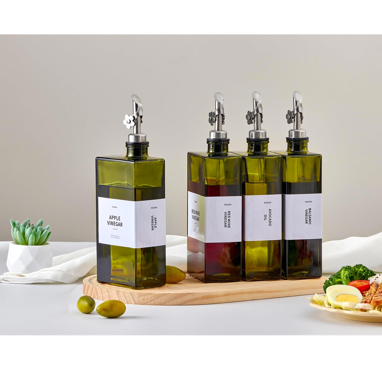 MUVEKA Olive Oil Dispenser Bottle for Kitchen, 16.9oz /500ml Cooking Vinegar Dispenser Bottle Set, Glass Sauce Container, Labels, Brush, Funnel, Stoppers, Green for Oil, Wine