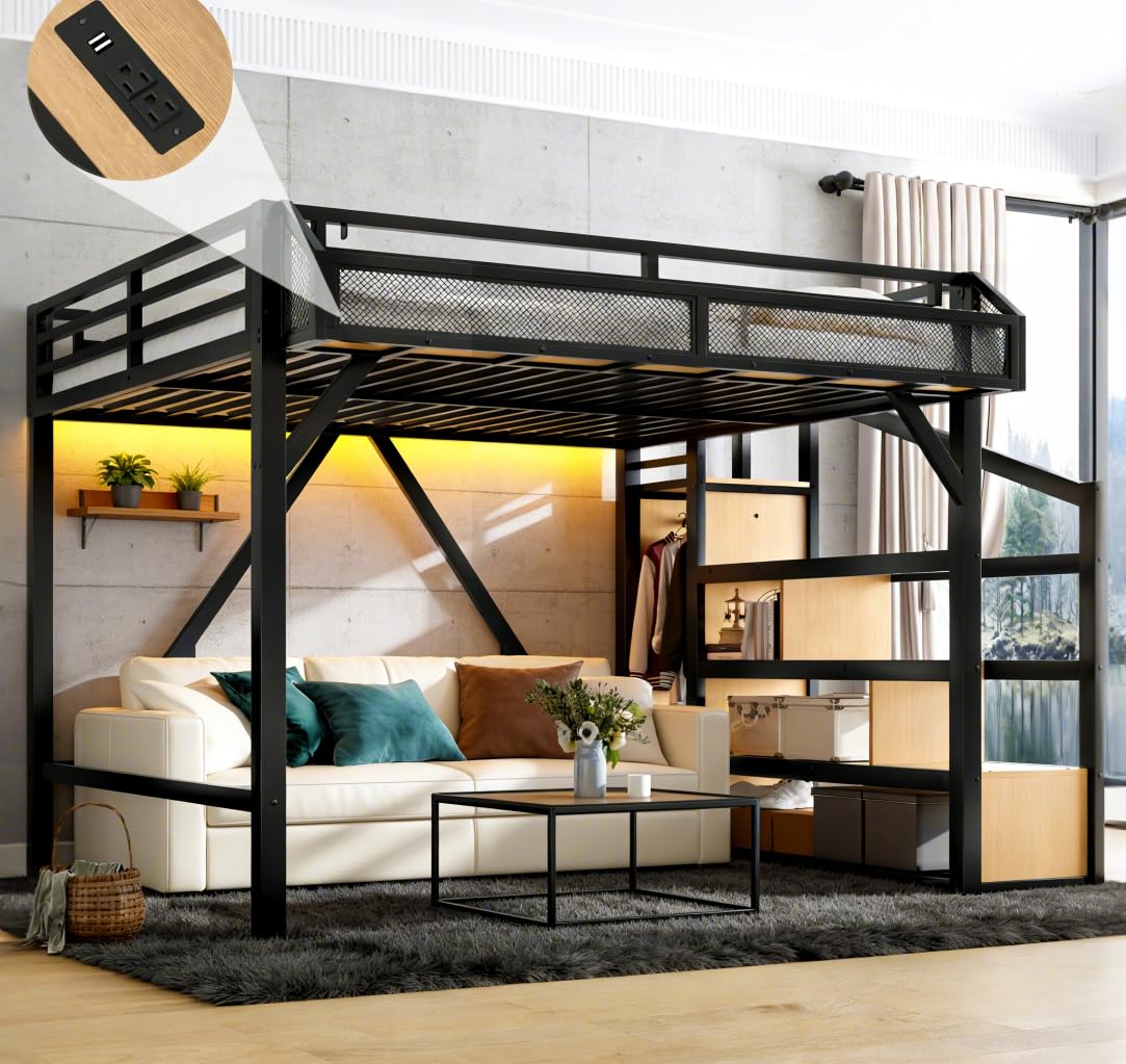 Bellemave Queen Size Loft Bed with Storage Stairs, Beside Shelves and Wardrobe, Queen Metal Loft Bed Frame with USB Ports and LED Lights, Large Under-Bed Space, for Adults,Teens,Boys,Girls, Natural