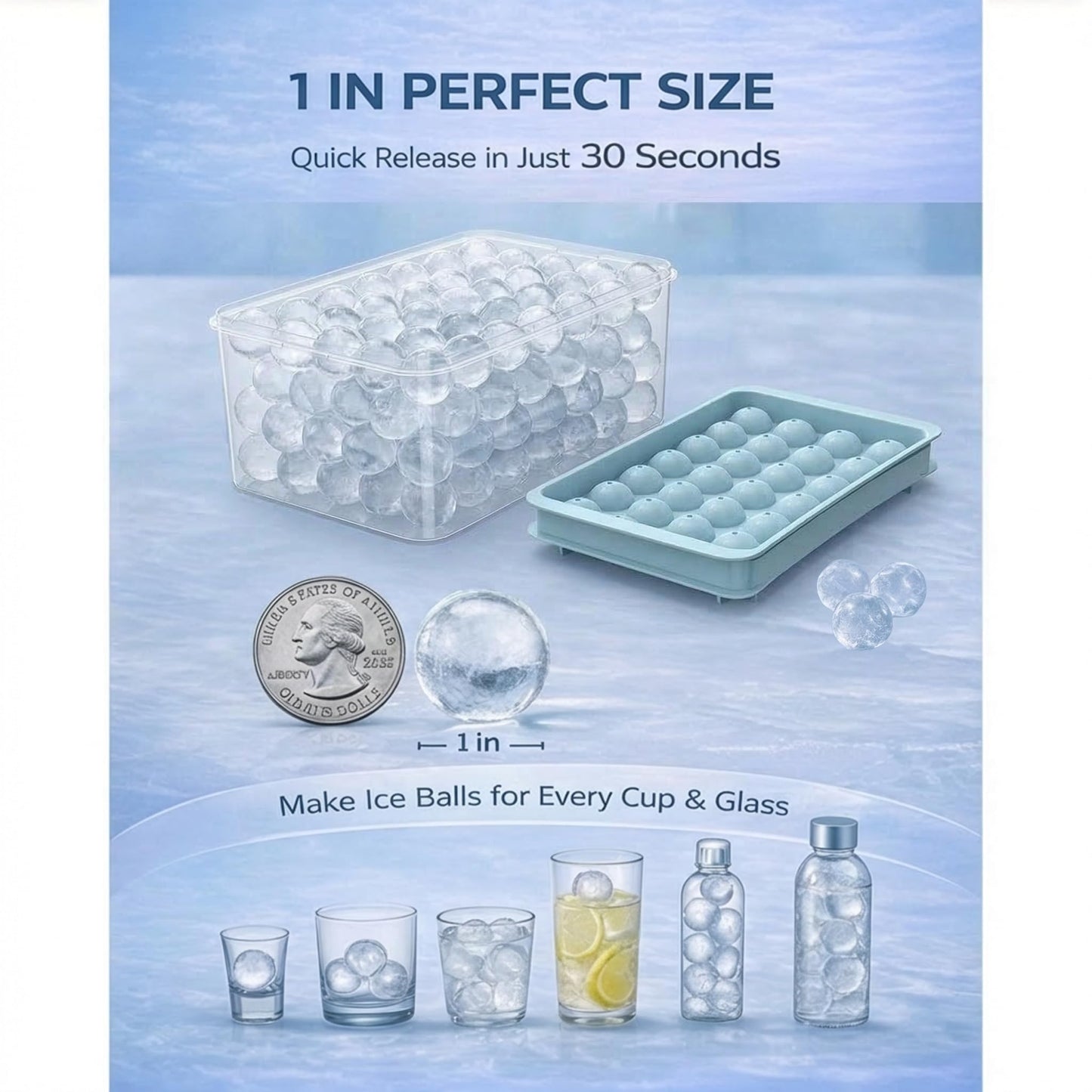 WIBIMEN Ice Cube Tray with Lid and Bin - Round Ice Trays for Freezer with Lid - Ice Cube Trays for Freezer with Ice Container (1"-2PACK Blue)