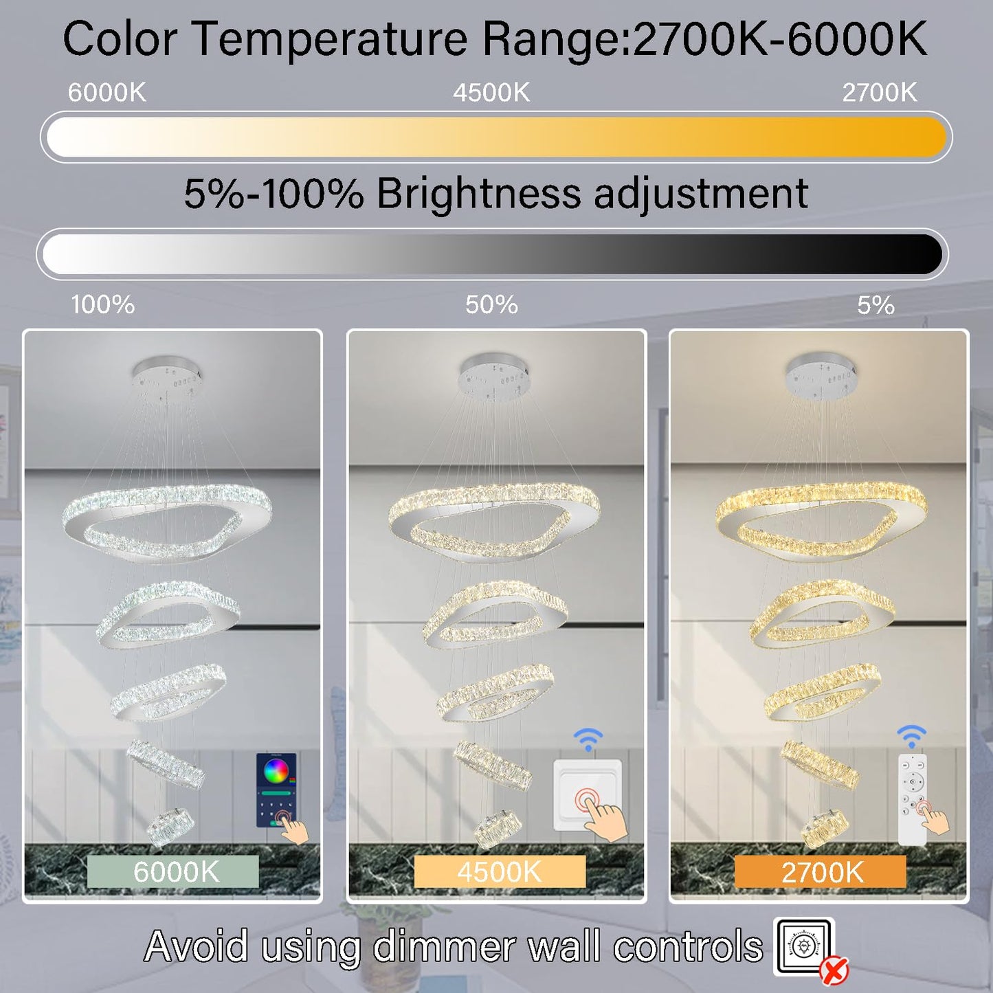 Shial Lighting Large Crystal Chandelier Modern LED Dimmable Contemporary Chandelier Large Pendant Light for Living Room Foyer Staircase Silver Dia 40"