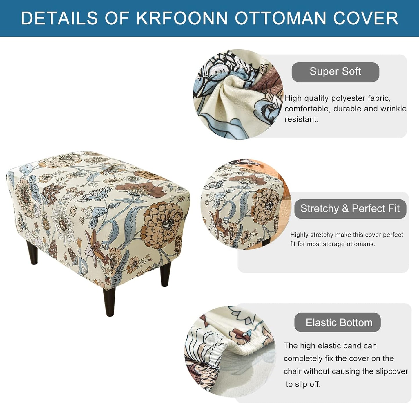 Bottom(06, KRFOONN Ottoman Slipcovers Stretch Rectangle Footrest Stool Covers Printed Ottoman Cover for Foot Stool