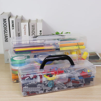 Flythww Plastic Storage Container with Lid, Clear Craft Tool Art Supply Sewing Organizer Box with Handle, Storage Bin for Paint Brush, Cards, Pencils, Crayon, Toys, Ribbons (L 13.98 x 4.21 x 4.72 in)
