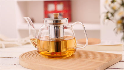 CNGLASS Glass Teapot with Infuser(37.5oz),Clear Tea Kettle with Removable Stainless Steel Strainer,Stovetop Safe Glass Teapot for Blooming and Loose Leaf Tea
