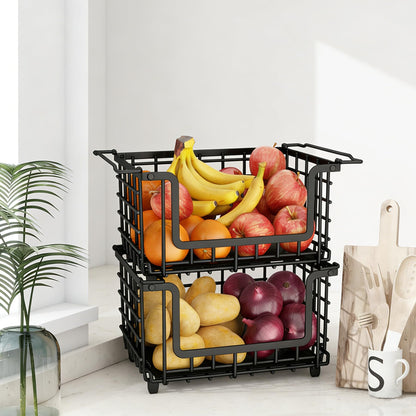 2 Pack Stackable Metal Wire Vegetable Fruit Basket for Kitchen Counter Cabinet, Pantry Organizers and Storage Basket, Food Can Snack Onion Potato Bread Storage Shelf Freezer Organizer Bins Containers