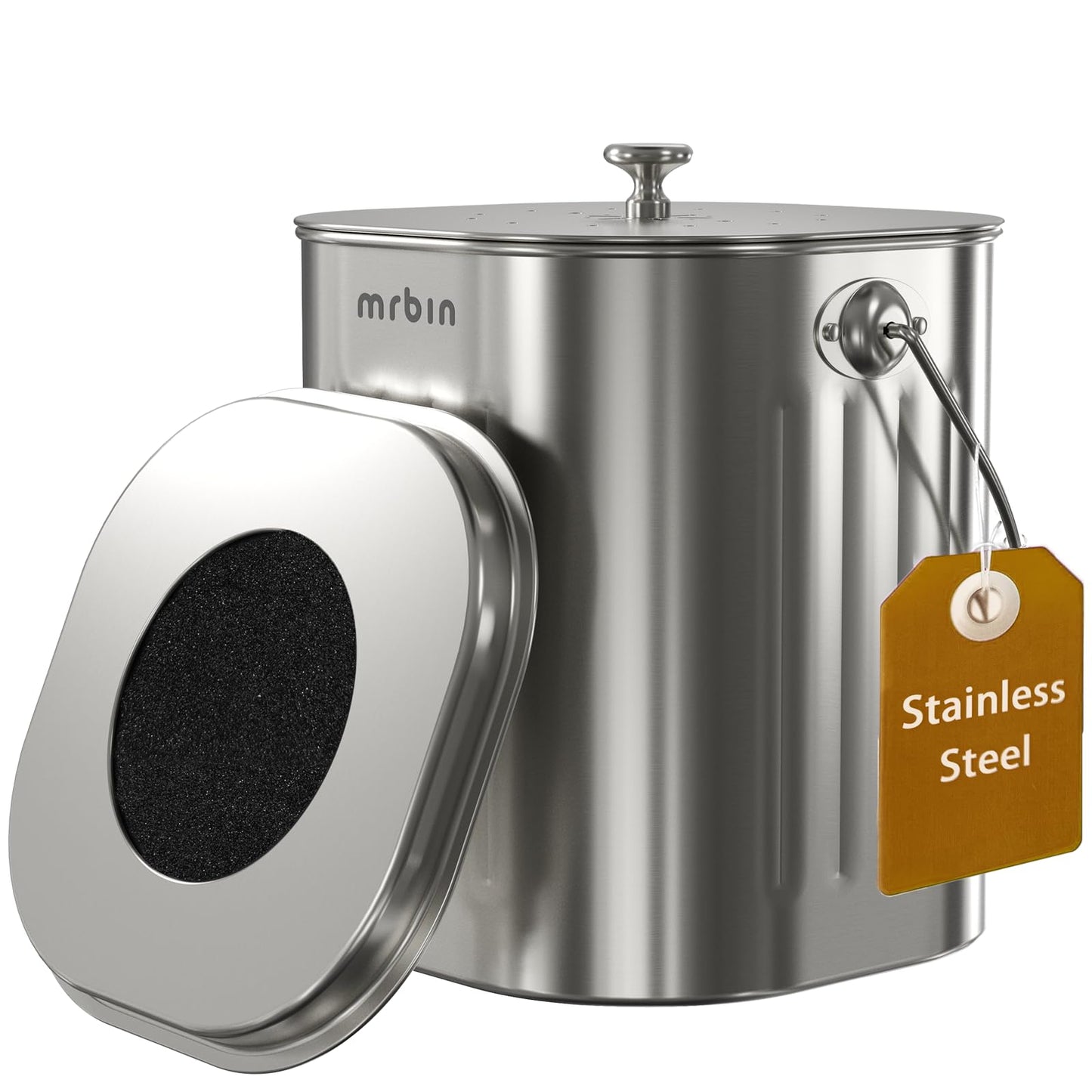 MRBIN Stainless Steel Kitchen Compost Bin Countertop Trash Can with Lid and Charcoal Filter, Metal Small Indoor Rubbish Dustbin for Food Waste Recycle