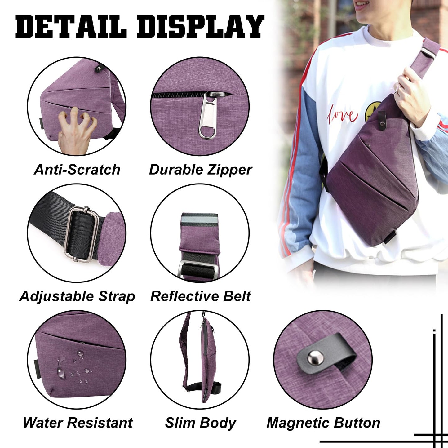 GDOKKNY Anti Theft Crossbody Bag for Women Personal Flex Travel Bag Anti-Theft Cross Body Bag Sling Chest Bag for Men （Black）