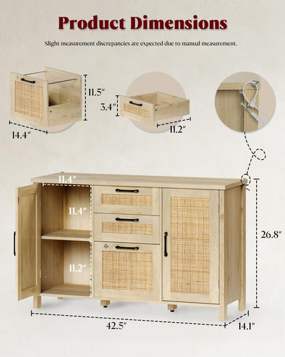 HOPUBUY 3 Drawers and 2 Doors File Cabinets with Lock, Wood Lateral Filing Cabinet with Adjustable Feet & Shelves, Large Capacity Home Office Storage Cabinet, Printer Stand for Hanging Files, Natural