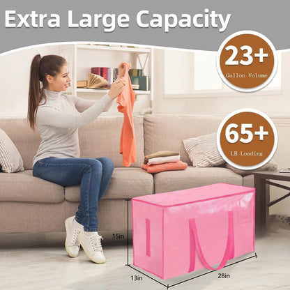 Skiennix Extra Large Heavy Duty Moving Bags - Waterproof Storage Totes with Zippers & Handles | 8 Pack (Pink)