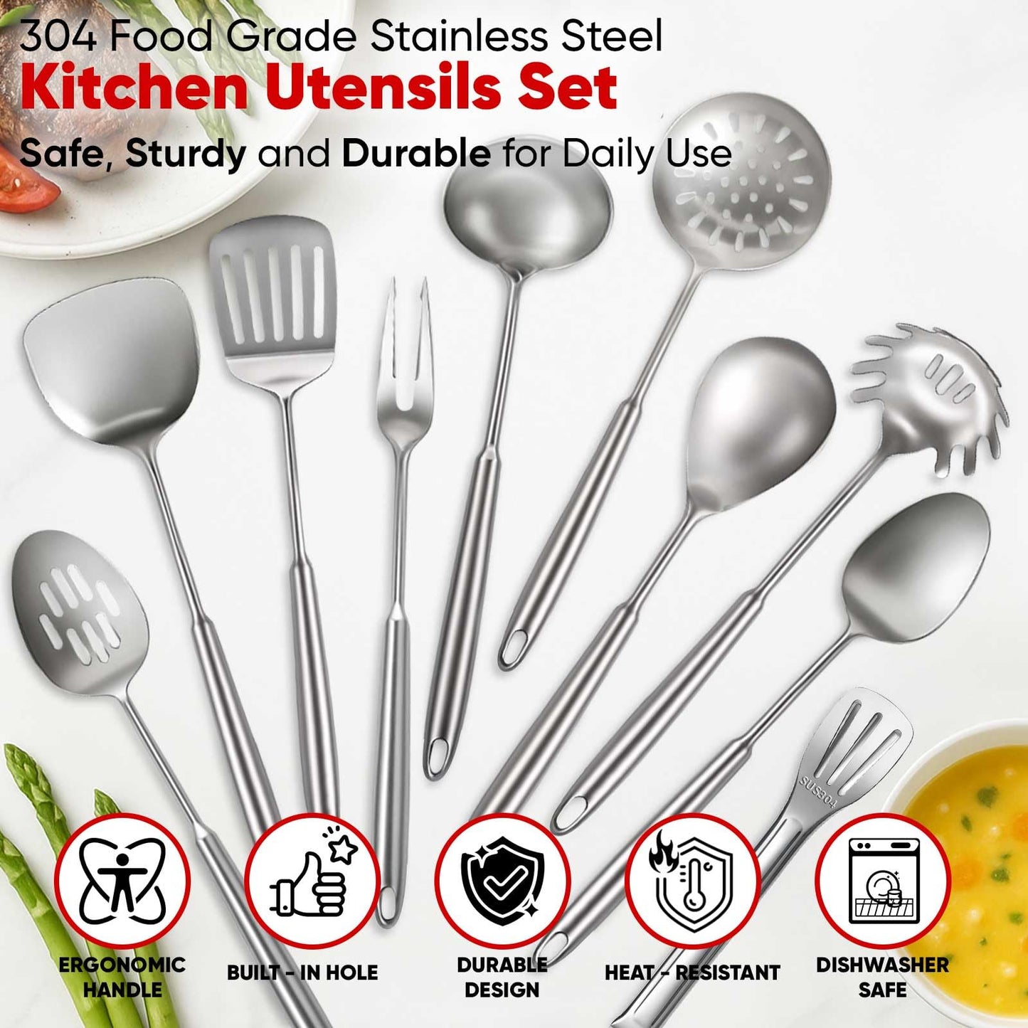 5 Pcs Newness Cooking Utensils Set, 304 Stainless Steel Kitchen Utensils Set, Metal Kitchen Accessories, Include Soup Ladle, Slotted Skimmer Spoon, Spaghetti Spoon and Spatula, Dishwasher Safe