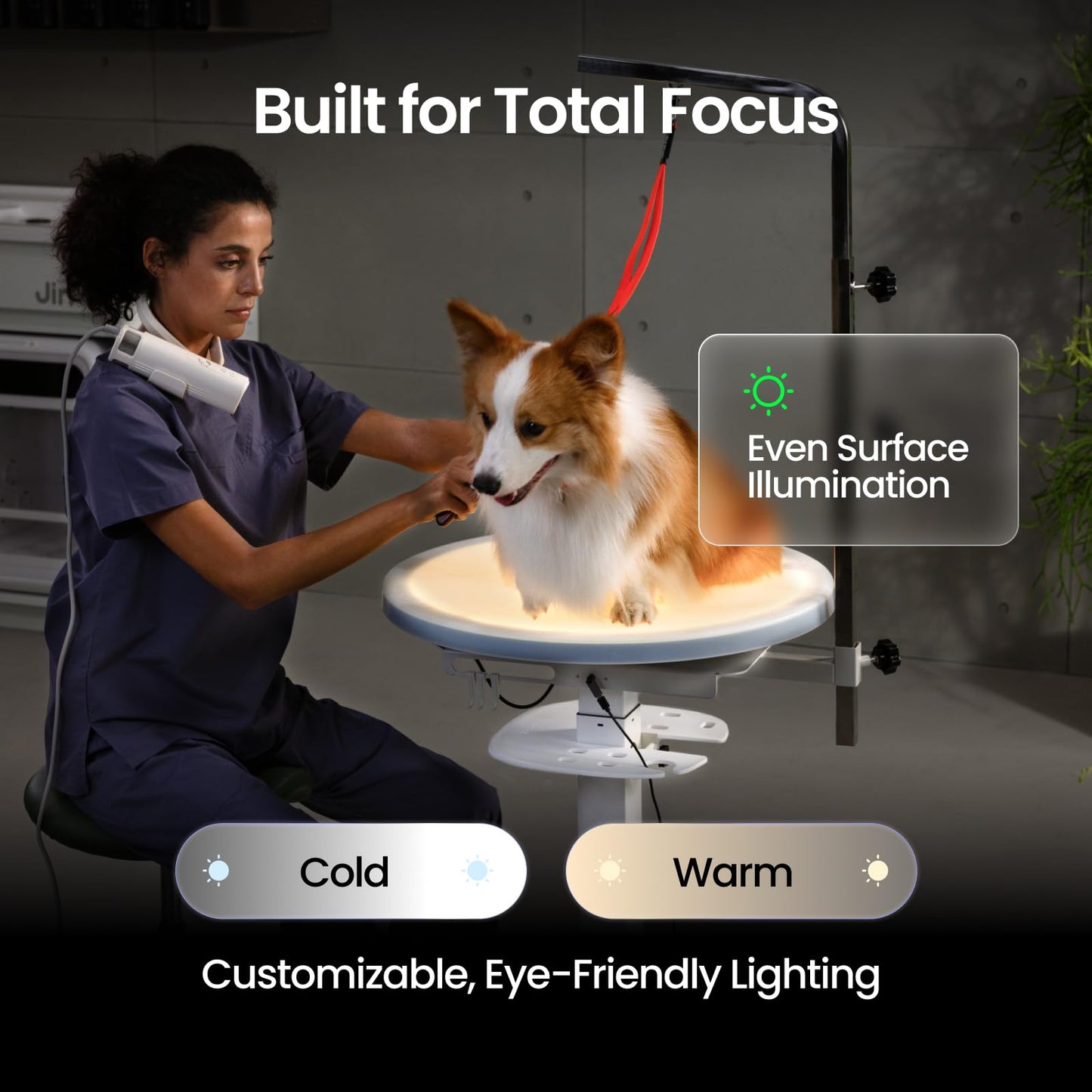 JirPet Pet Grooming Table with Full-Surface Lighting for Small Dogs, Hydraulic Lift, Designed for Long-Term Use, Over 50,000 Lifts, 32in-46in Height Adjustable, Stable Base, Hair-Resistant