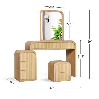 ZETY HOME Fluted Makeup Vanity Desk with Mirror, Stool, 8 Drawers, 3 Shelves, Ash Veneer, Modern Style