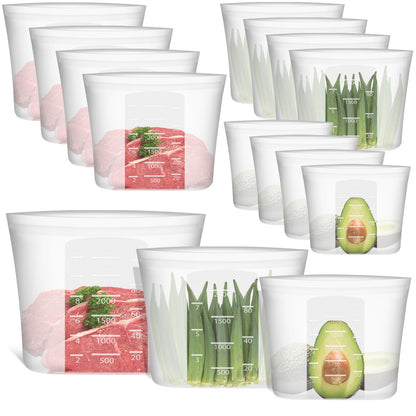 Reusable Food Bags, 12 Pack 100% Silicone Food Storage Bags Stand Up Zip Lock Container, Freezer Microwave Oven Dishwasher Safe, 4 Medium 4 Small 4 Extra Small, Aqua